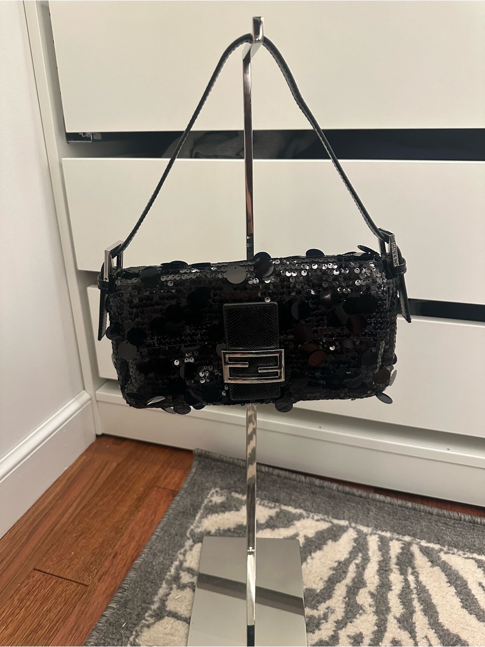 Black Sequin Mini Shoulder Bag with Metal Accent